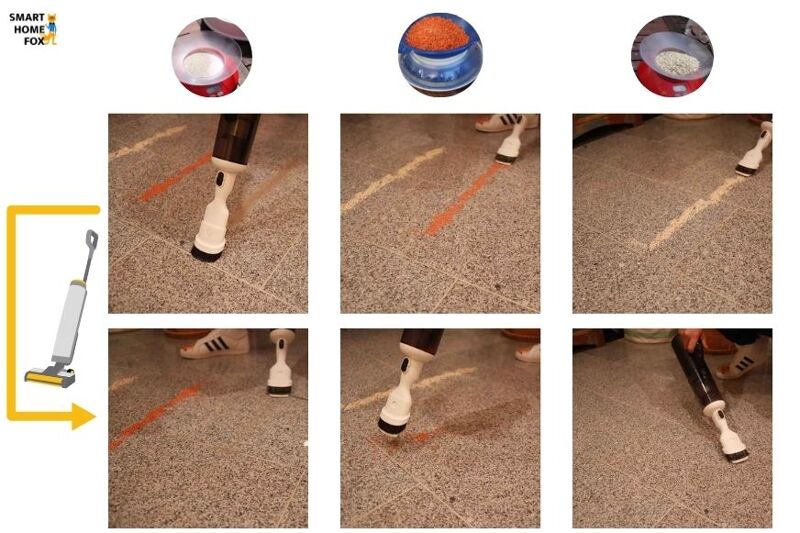 Man sieht, wie der Tineco Floor One S5 Combo als Handsauger trockene Verschmutzungen von einem Fliesenboden entfernt.